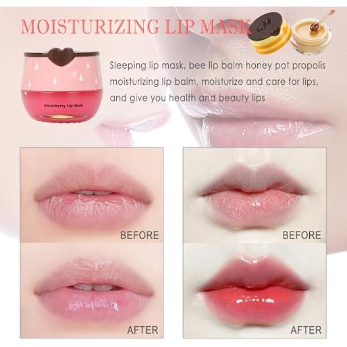 Deepmind 2 PCS BEE LIP BALM LIP MASK HONEY POT, HONEY & STRAWBERRY LIP MASK PROPOLIS MOISTURIZING LIP BALM WITH STICK - HYDRATING PREVENTION DRY AND CRACKED LIP SCRUBS EXFOLIATO LIP WRINKLE CARE - Image 2